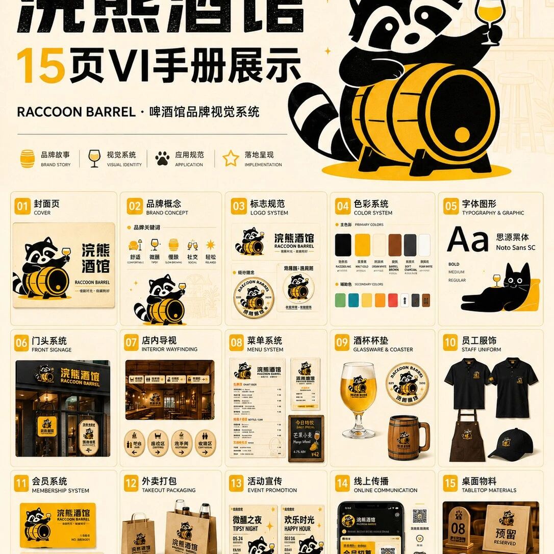 浣熊酒馆品牌视觉｜从logo到物料全套设计